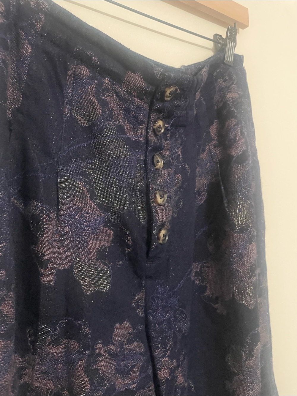 Anthropologie Metallic Floral Navy Button-Front Pants